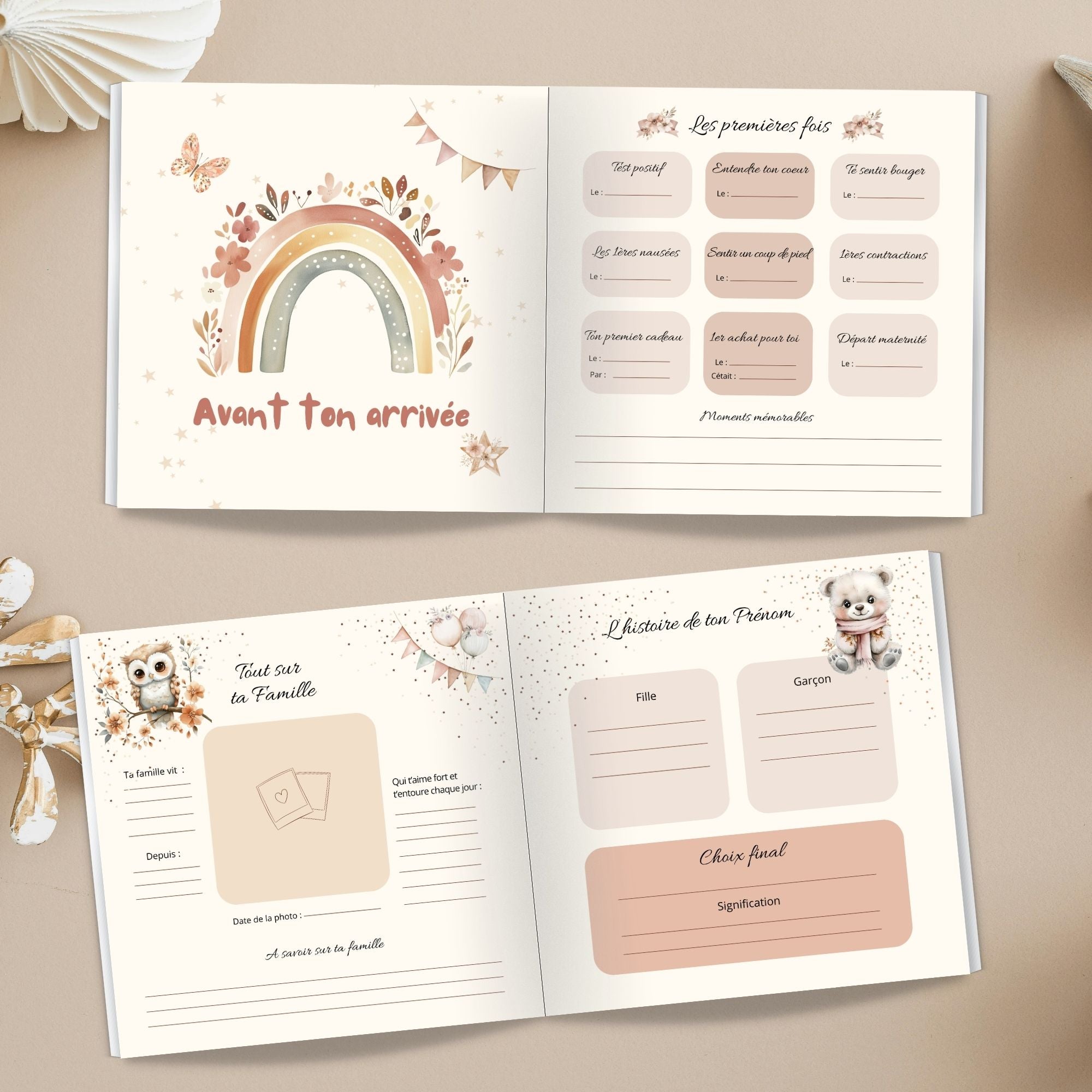 Livre de naissance non personnalisé style bohème aux couleurs pastel, album souvenir bébé mixte et intemporel