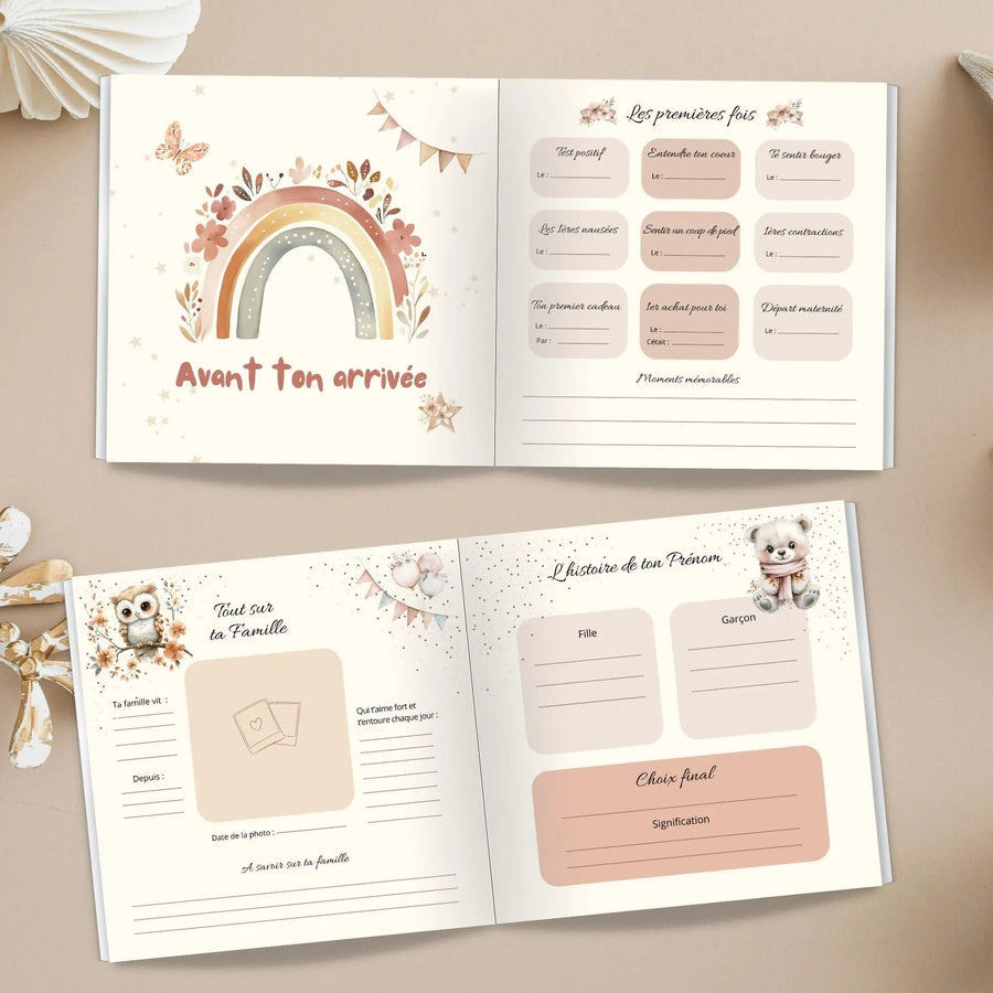 Livre de naissance non personnalisé style bohème aux couleurs pastel, album souvenir bébé mixte et intemporel