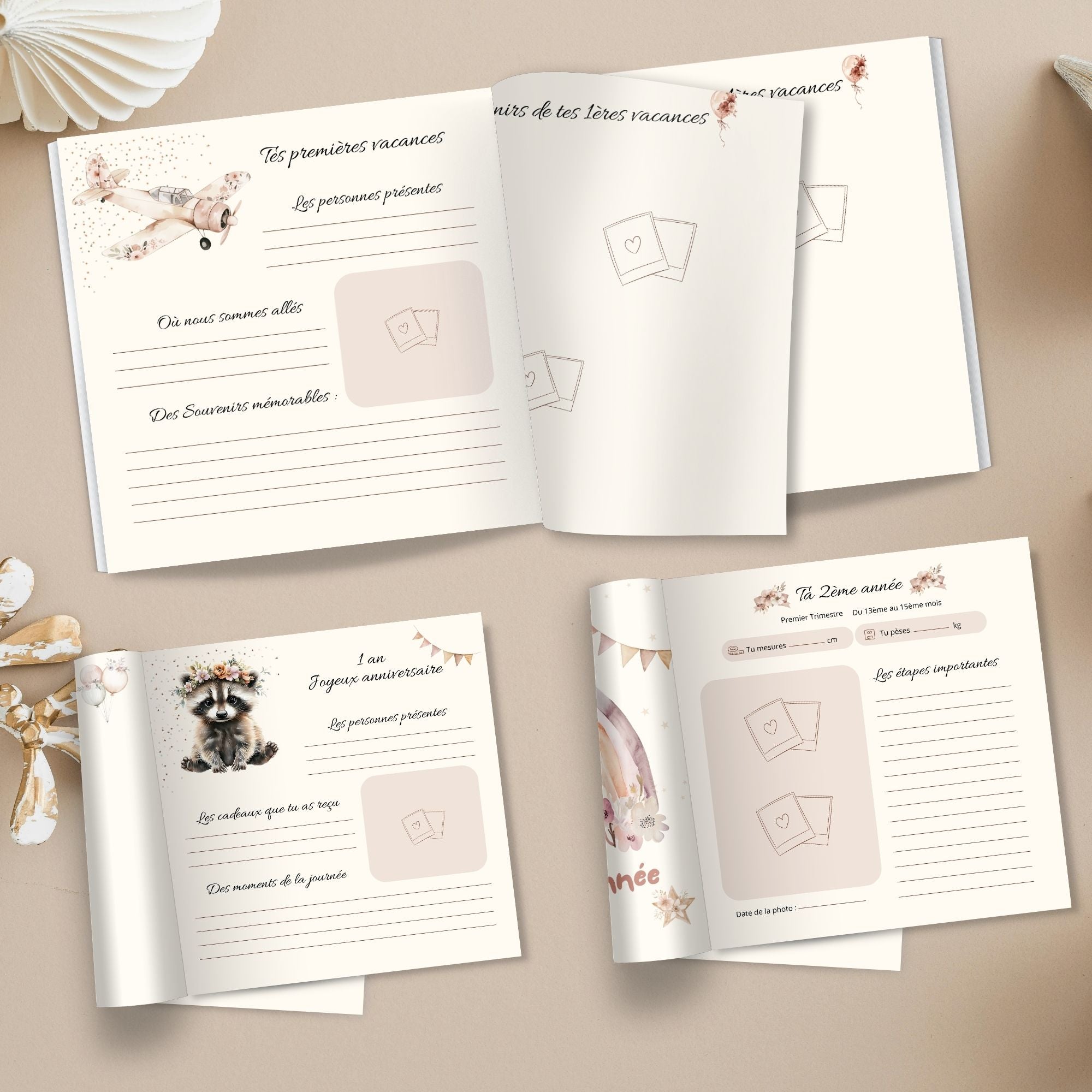 Livre de naissance bohème non personnalisé posé dans une chambre de bébé, décoration douce et non genrée