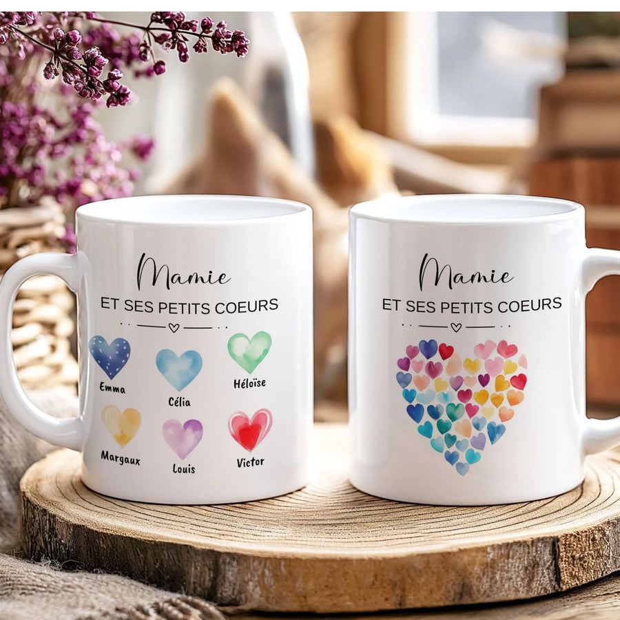 Mug “Mamie et ses petits cœurs” personnalisé avec les prénoms des petits-enfants – idée