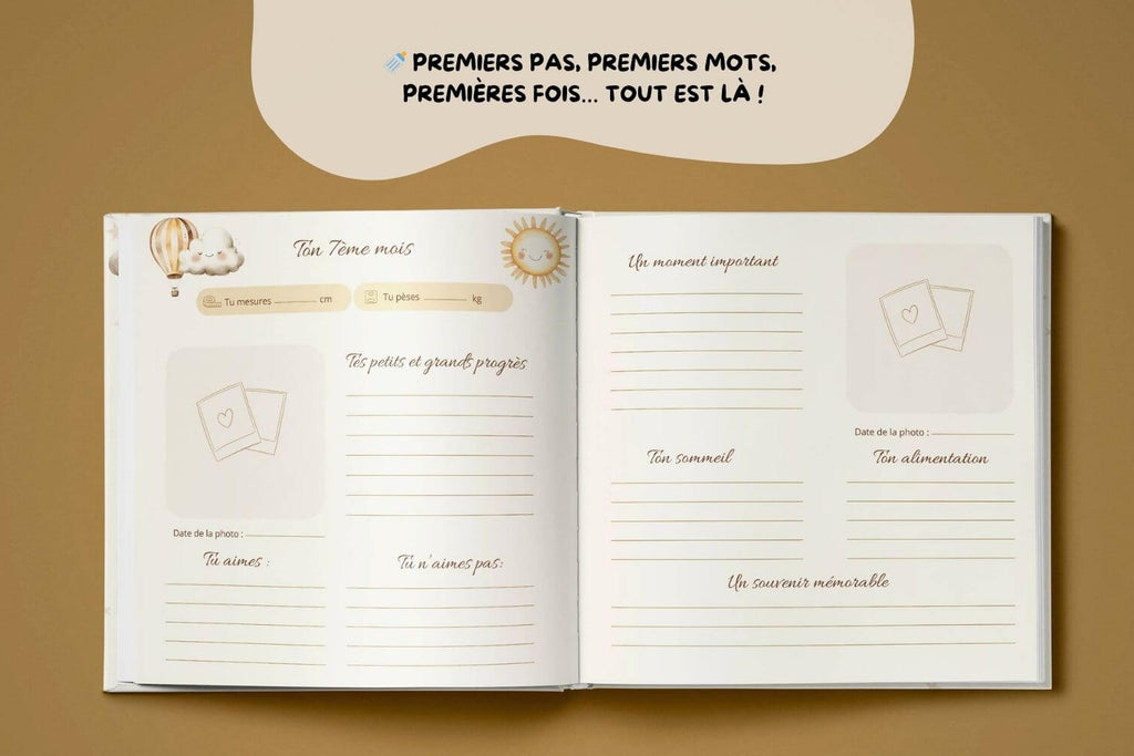 Pages intérieures du livre de naissance personnalisé à remplir pour bébé