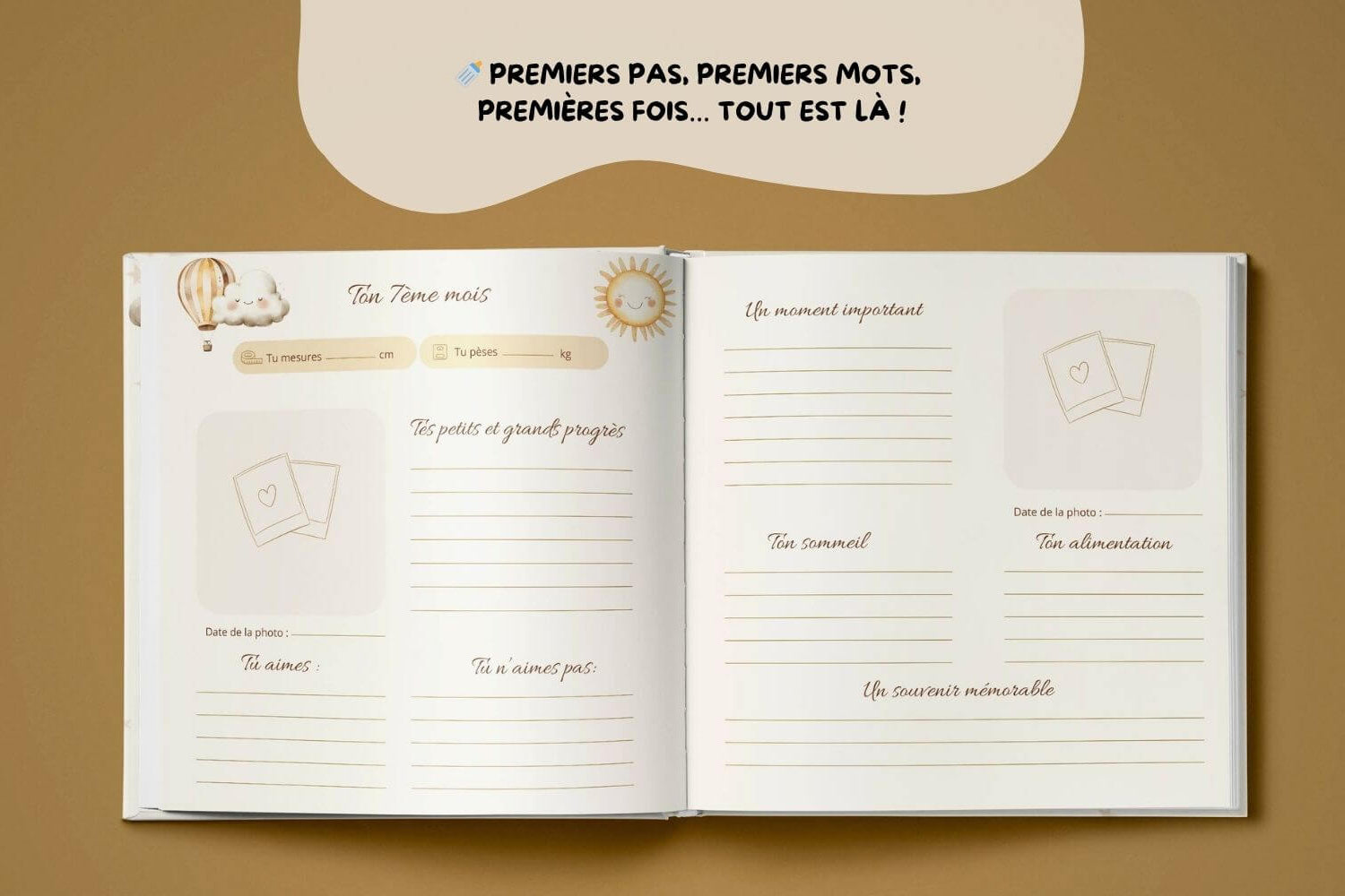 Pages intérieures du livre de naissance personnalisé à remplir pour bébé