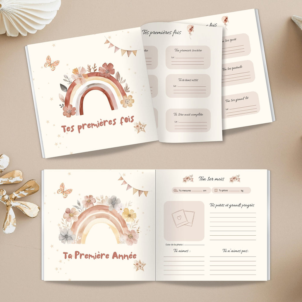 Pages intérieures d’un livre de naissance bohème non personnalisé, souvenirs de bébé au style doux et naturel