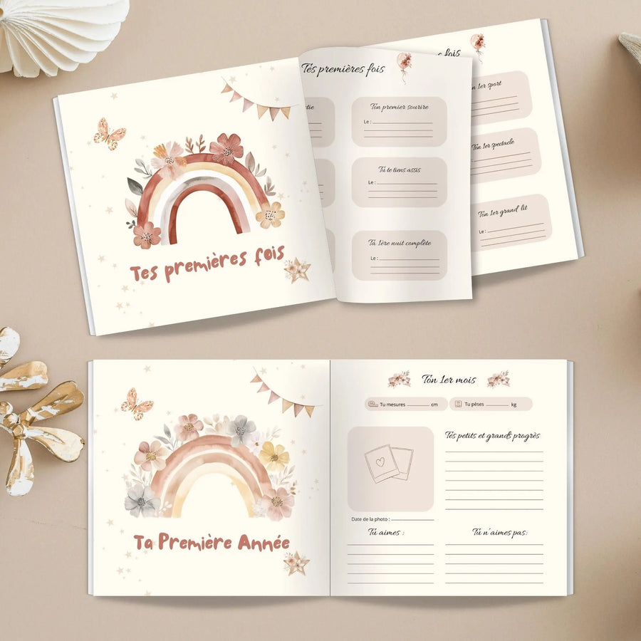 Pages intérieures d’un livre de naissance bohème non personnalisé, souvenirs de bébé au style doux et naturel