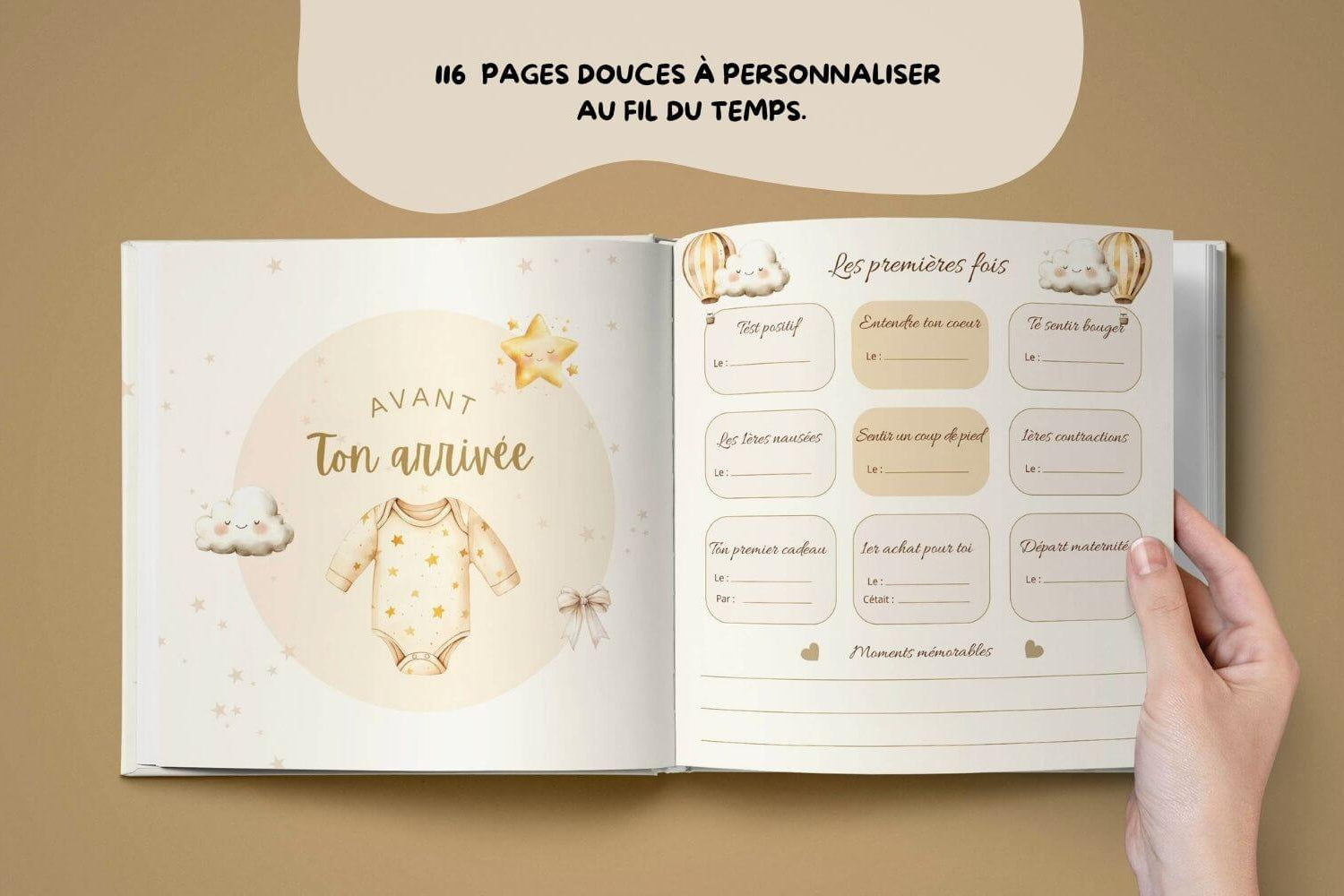Pages intérieures du livre de naissance personnalisé à remplir pour bébé