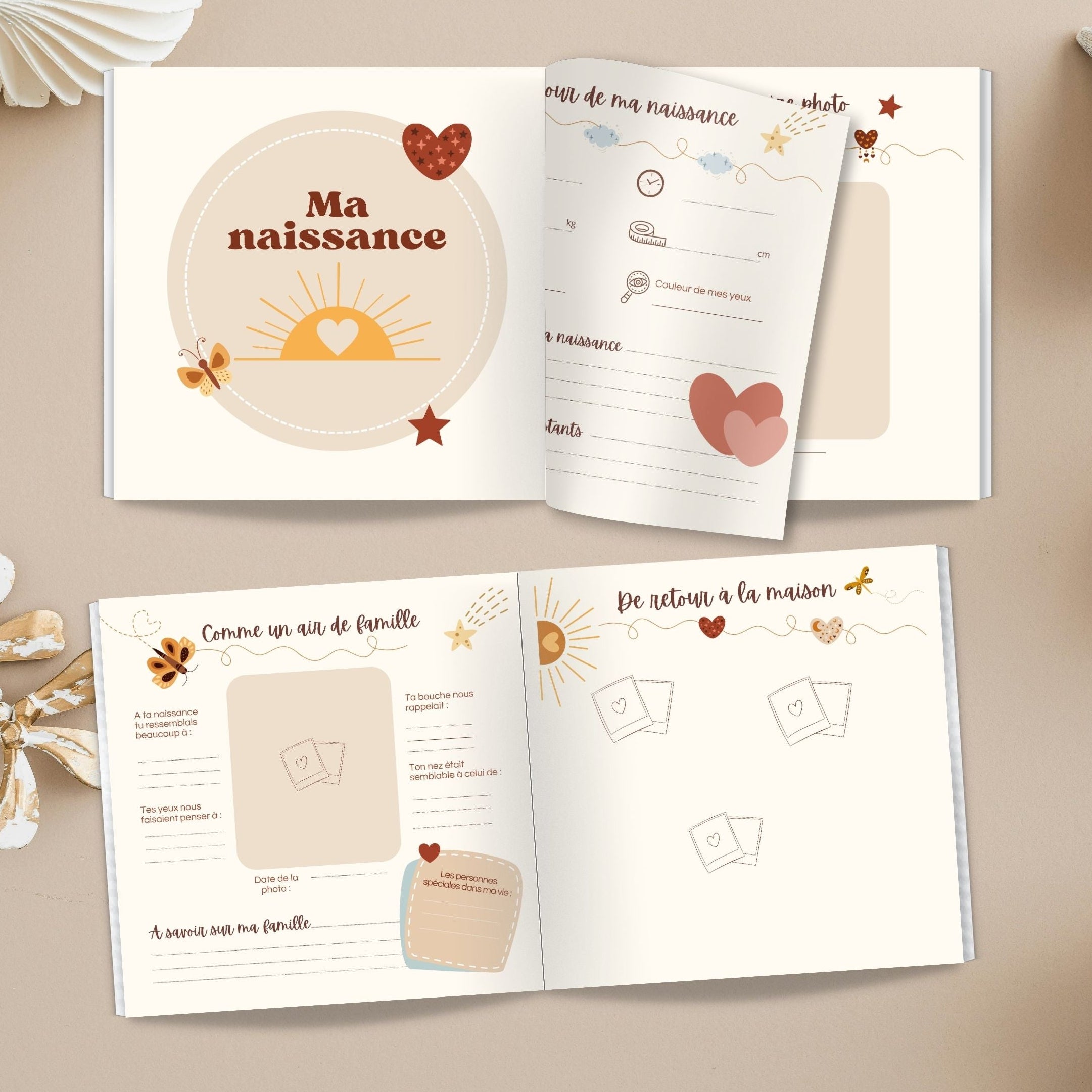 Pages intérieures d’un livre de naissance personnalisé pour bébé avec souvenirs de naissance