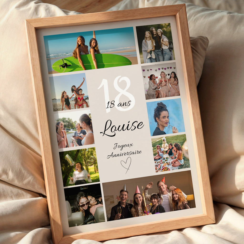 Aperçu de la personnalisation de l’affiche 18 ans avec choix des photos, du prénom et du message