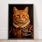 Portrait personnalisé d'un chat roux en prince Renaissance, vêtu d'un costume bordeaux brodé, présenté dans un cadre noir.