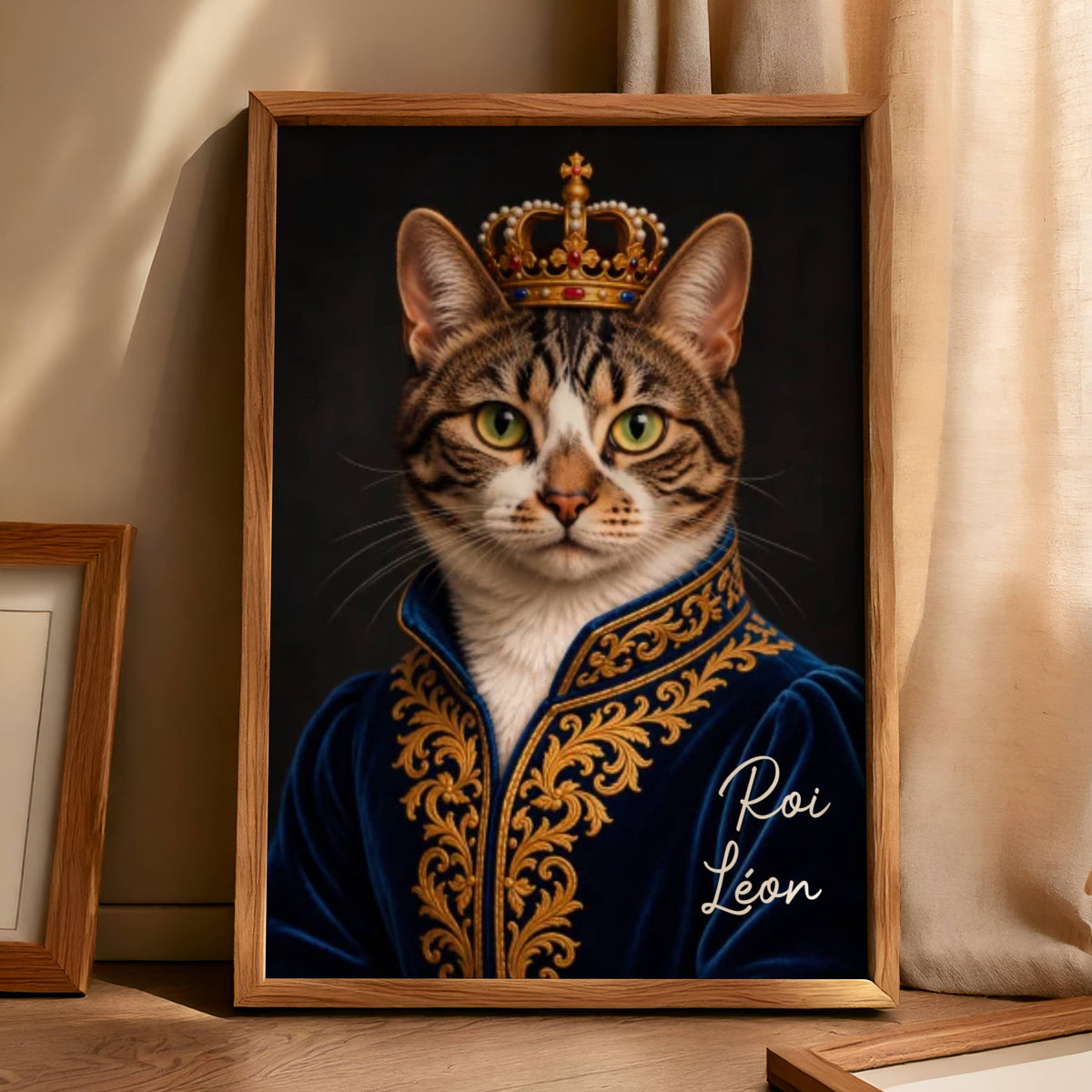 Affiche personnalisée de chat en roi, avec couronne dorée et costume bleu brodé, présentée dans un cadre en bois posé sur un meuble.