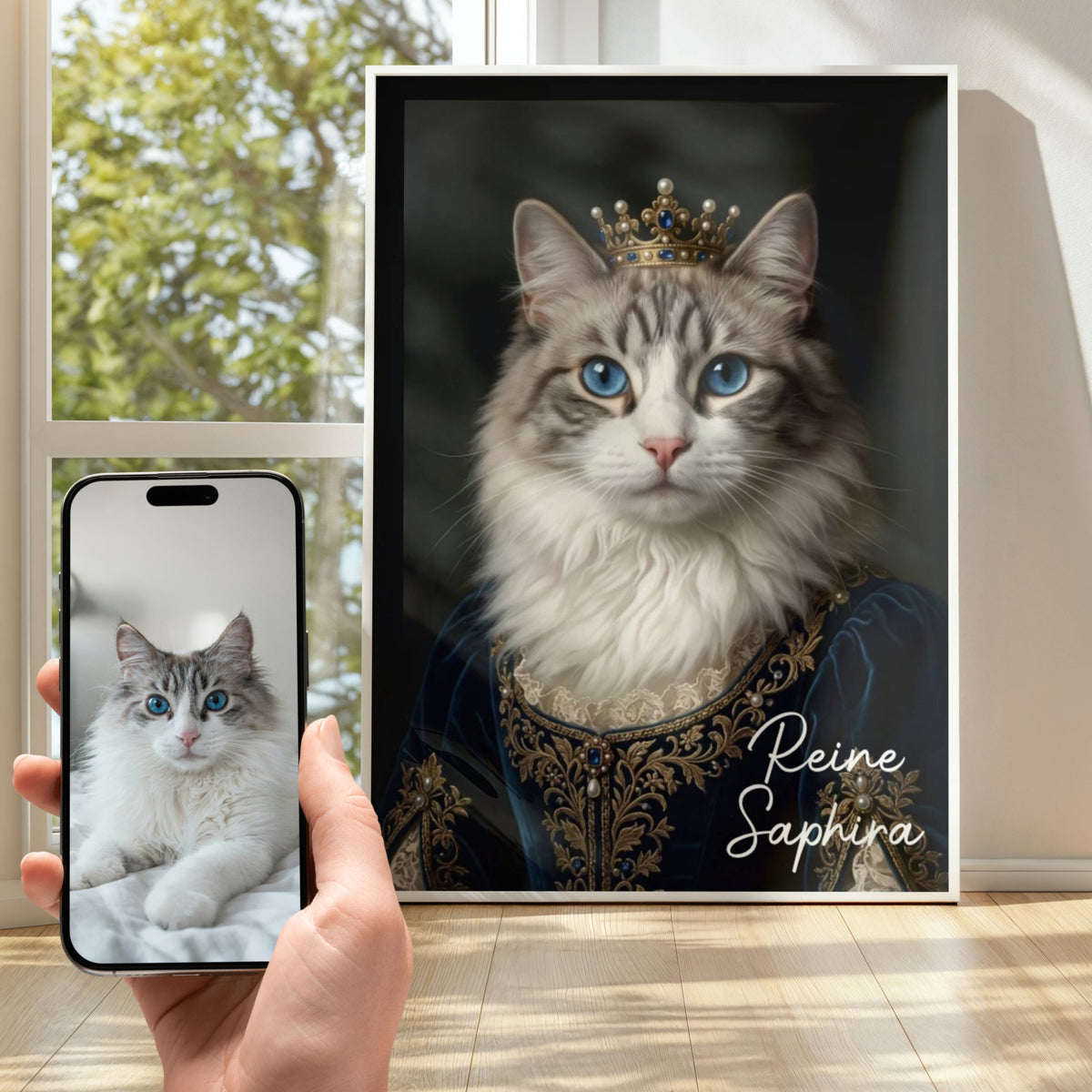 Avant après d'un portrait de chat personnalisé à partir d'une photo, représentant un chat aux yeux bleus en tenue royale avec couronne.