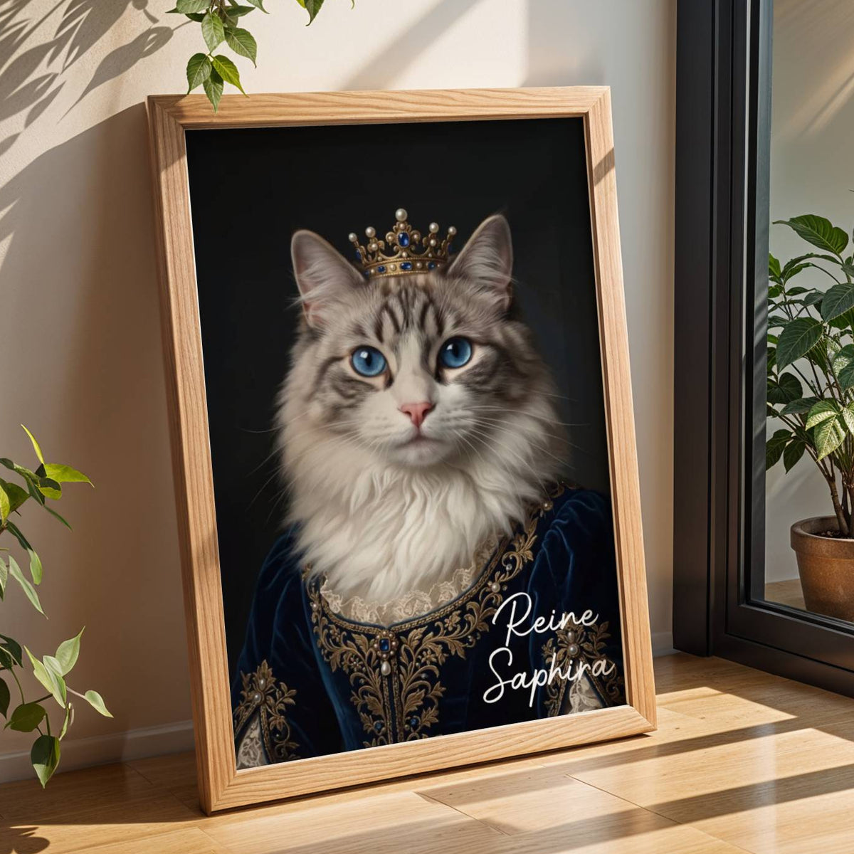 Portrait de chat personnalisé en reine, avec yeux bleus, couronne et costume royal, présenté dans un cadre blanc près d'une fenêtre.