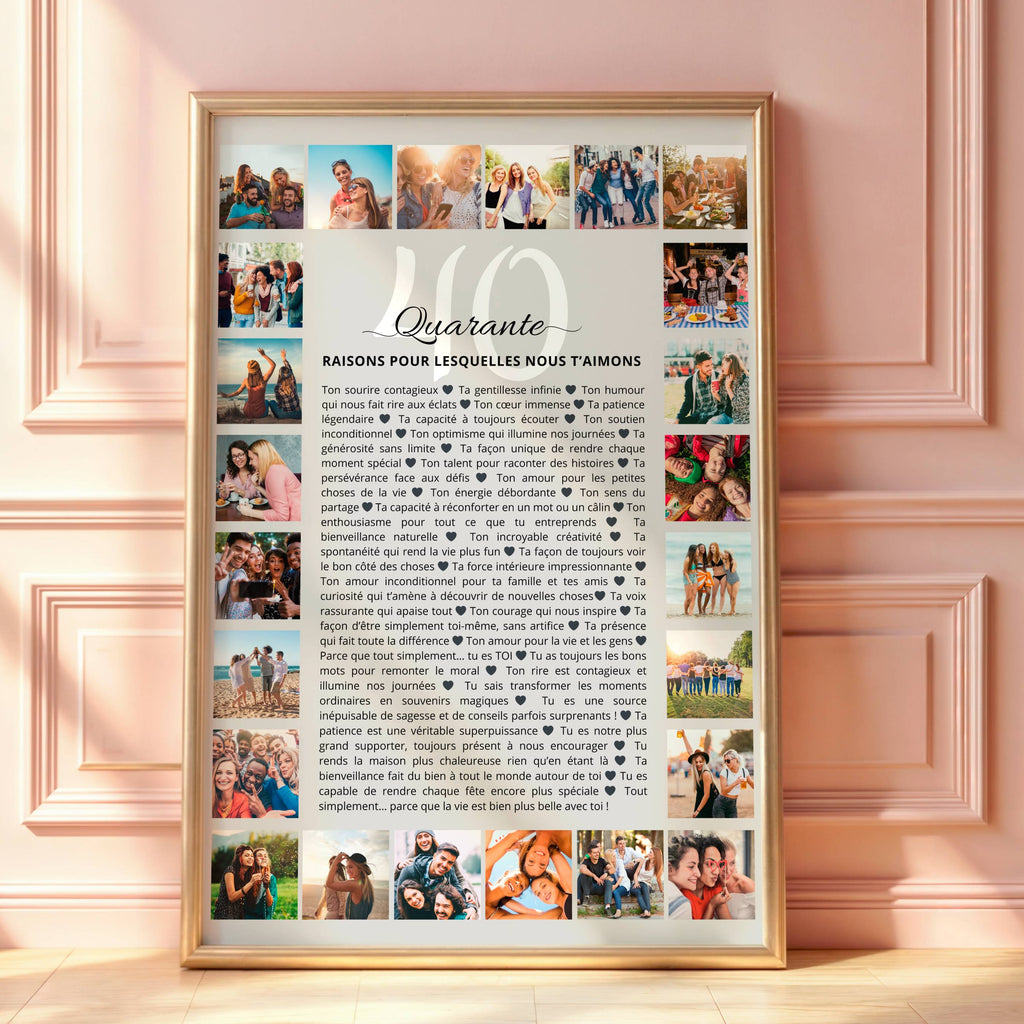 Poster 40 raisons personnalisé avec photos, décoration murale élégante pour anniversaire 40 ans.