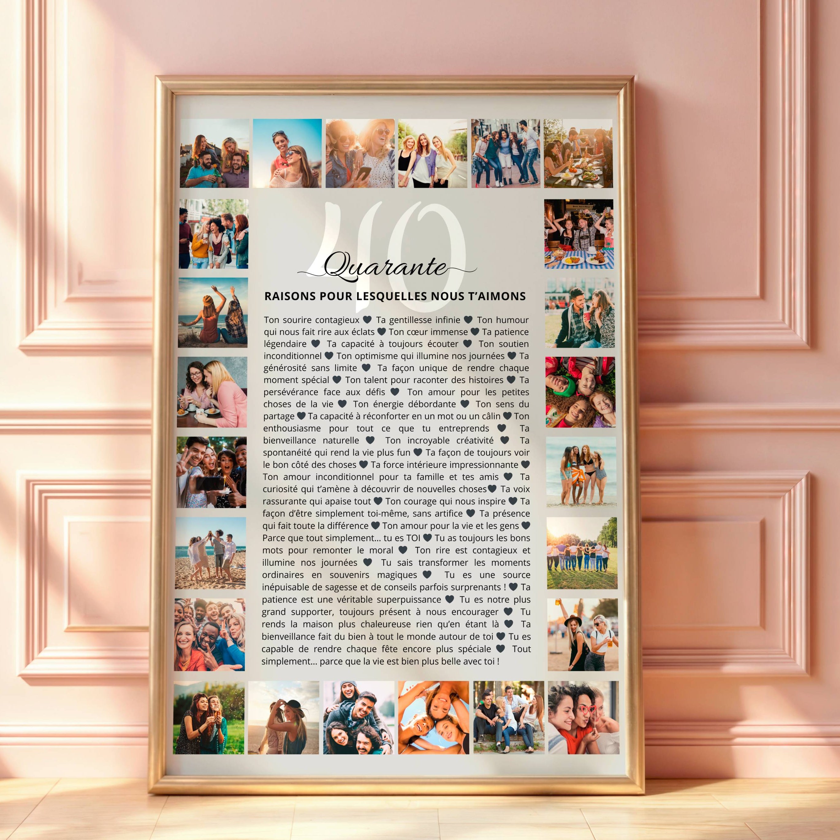 Poster 40 raisons personnalisé avec photos, décoration murale élégante pour anniversaire 40 ans.