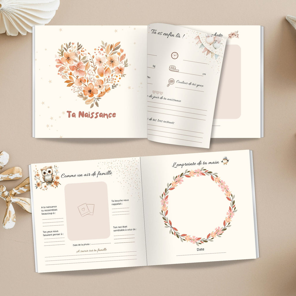 Détail papier et impression d’un livre de naissance bohème non personnalisé, qualité premium et durable