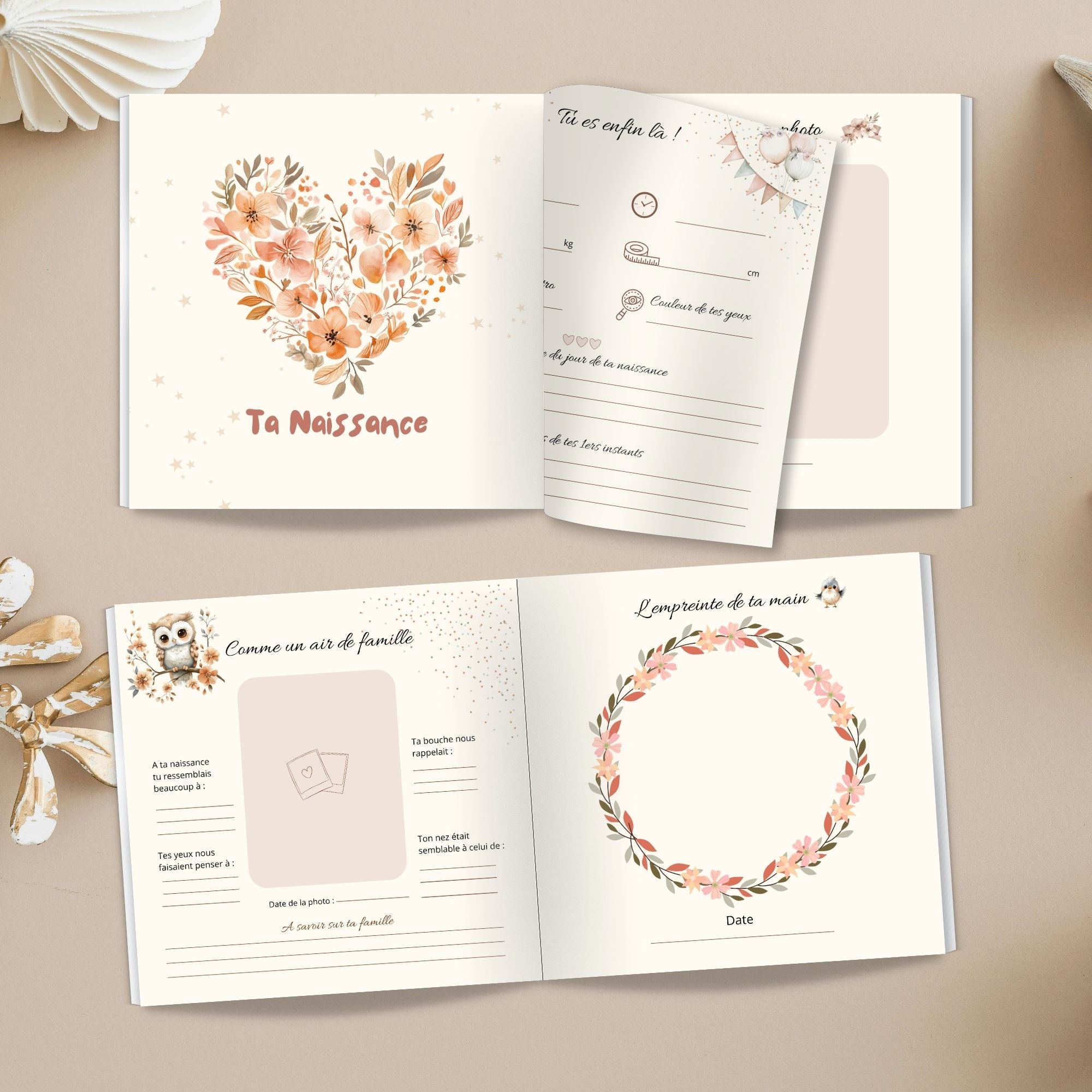 Détail papier et impression d’un livre de naissance bohème non personnalisé, qualité premium et durable