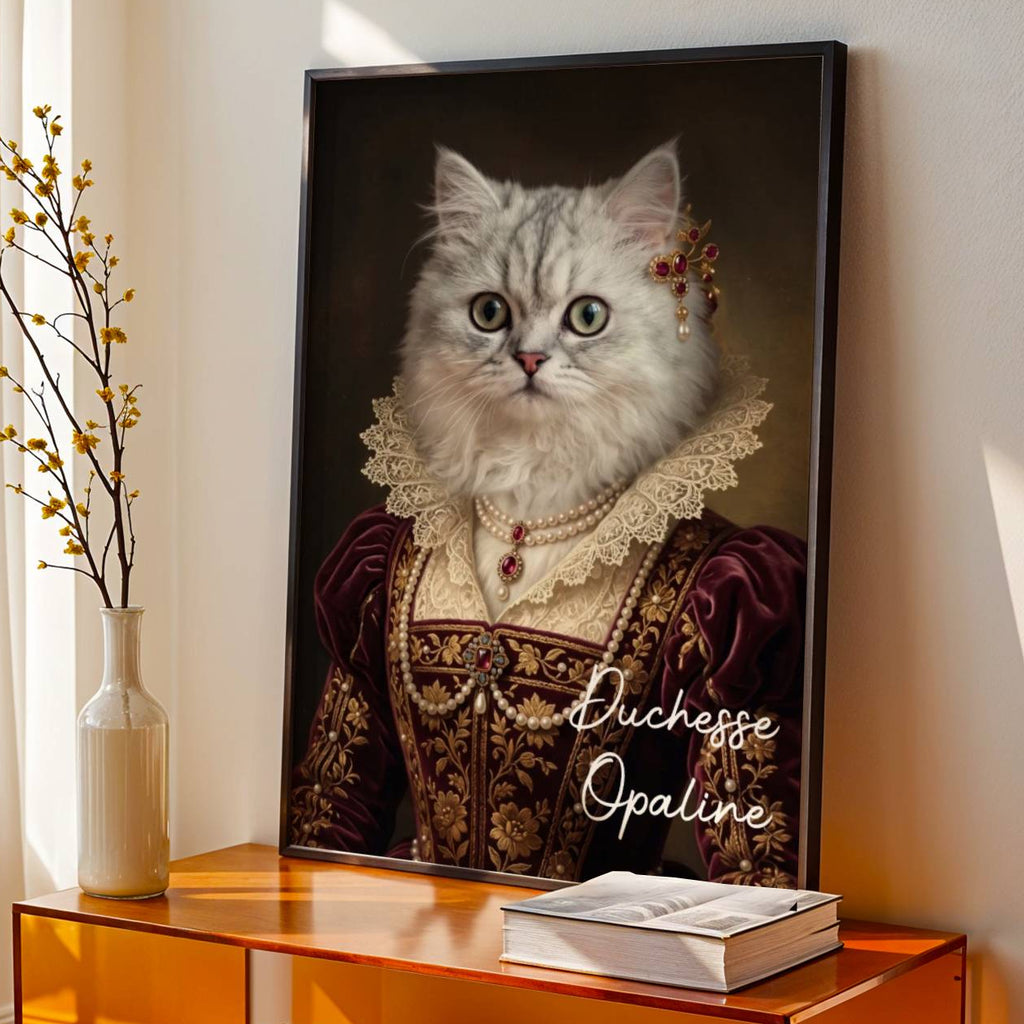 Tableau personnalisé d'une chatte blanche habillée en duchesse, avec bijoux et collerette en dentelle, dans un cadre noir sur un meuble.