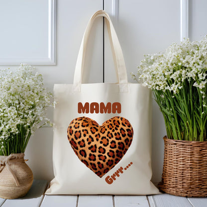Tote bag léopard en coton présenté comme cadeau, idéal pour la fête des mères.