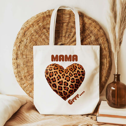 Tote bag en coton naturel avec motif léopard et inscription pour les mamans stylées.