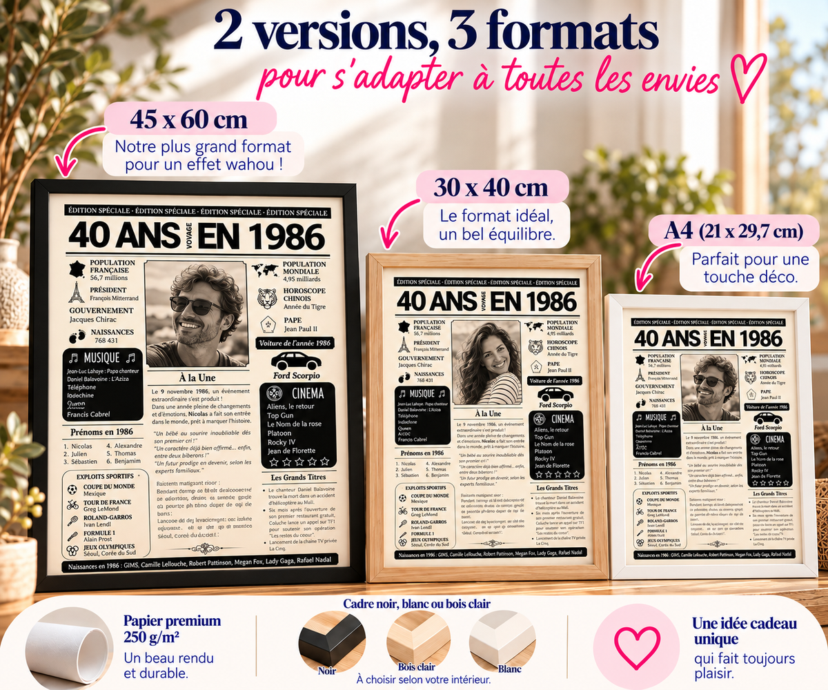 Affiche journal 40 ans en A4, 30x40 et 45x60 cm avec cadres noir, blanc ou bois clair