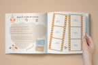 Aperçu intérieur du livre de naissance à remplir, pages souvenirs de la grossesse aux 3 ans, design doux non genré