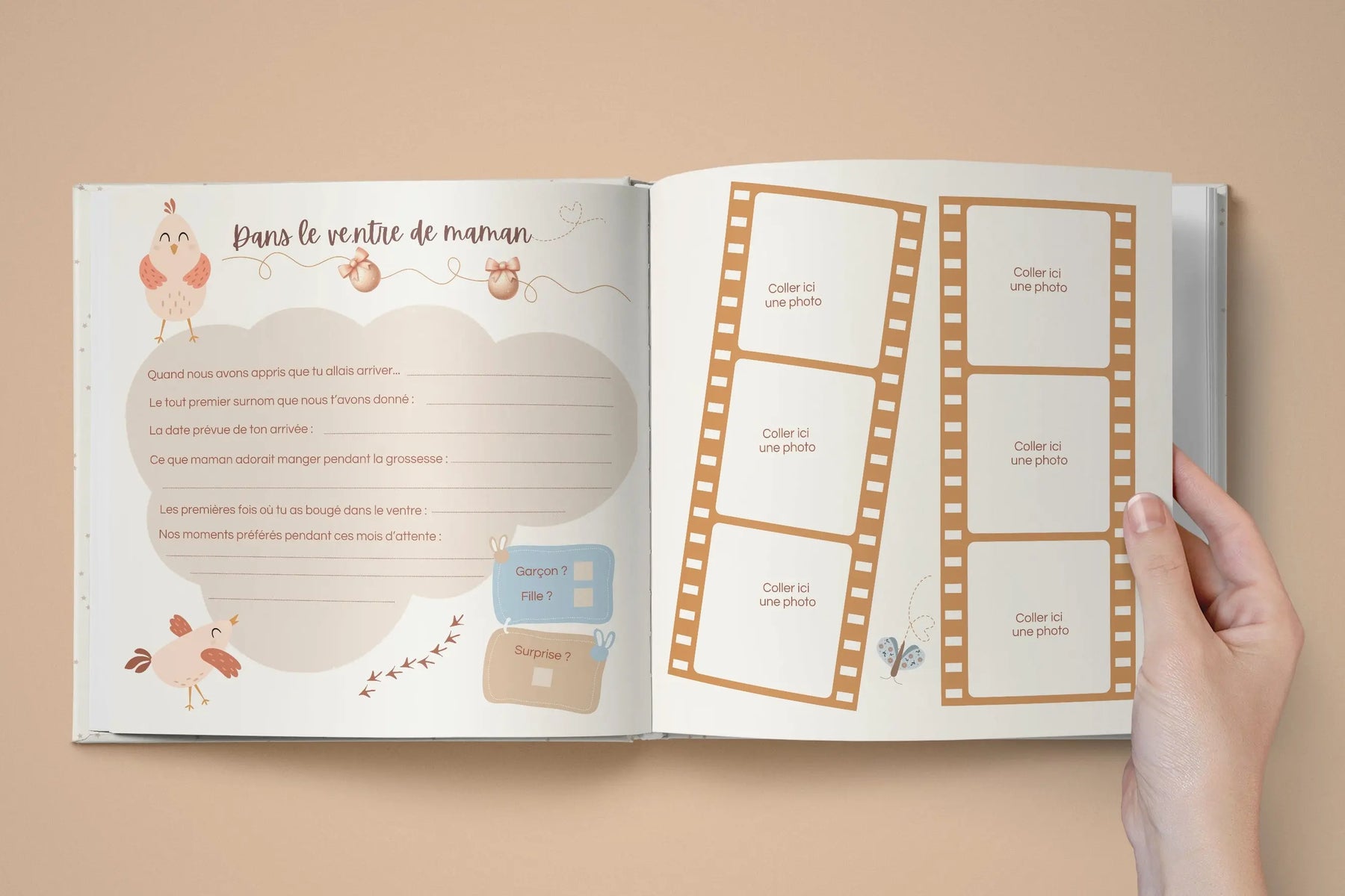Aperçu intérieur du livre de naissance à remplir, pages souvenirs de la grossesse aux 3 ans, design doux non genré