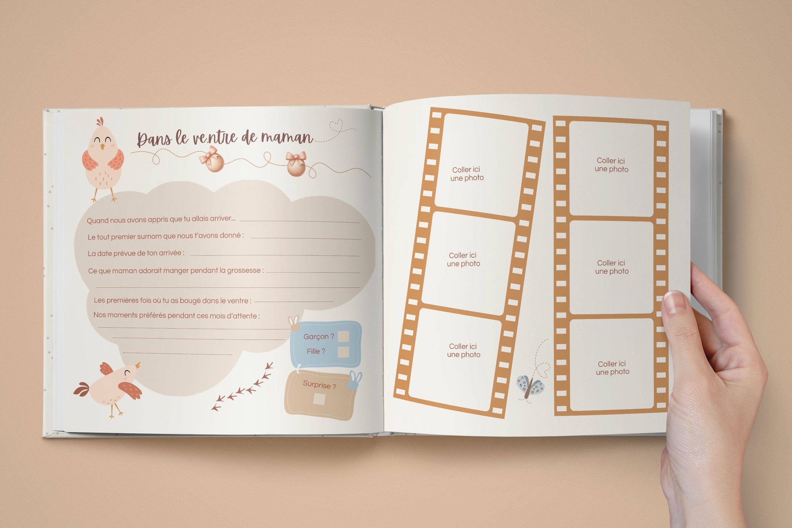 Aperçu intérieur du livre de naissance à remplir, pages souvenirs de la grossesse aux 3 ans, design doux non genré