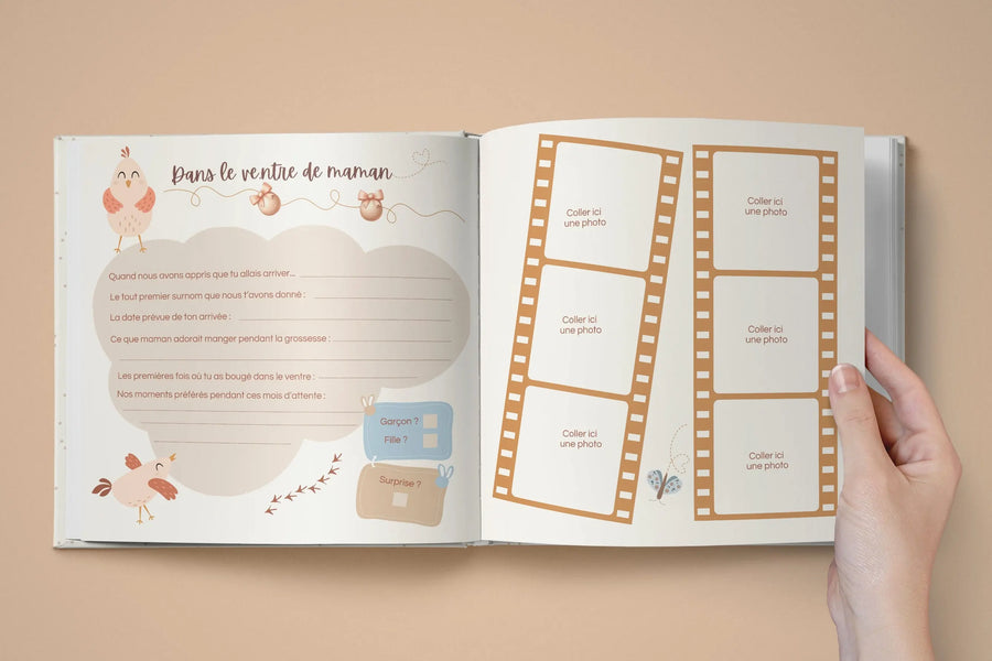 Aperçu intérieur du livre de naissance à remplir, pages souvenirs de la grossesse aux 3 ans, design doux non genré