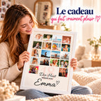 Jeune femme souriante découvrant une affiche photo personnalisée pour ses 18 ans, présentée dans un cadre blanc.