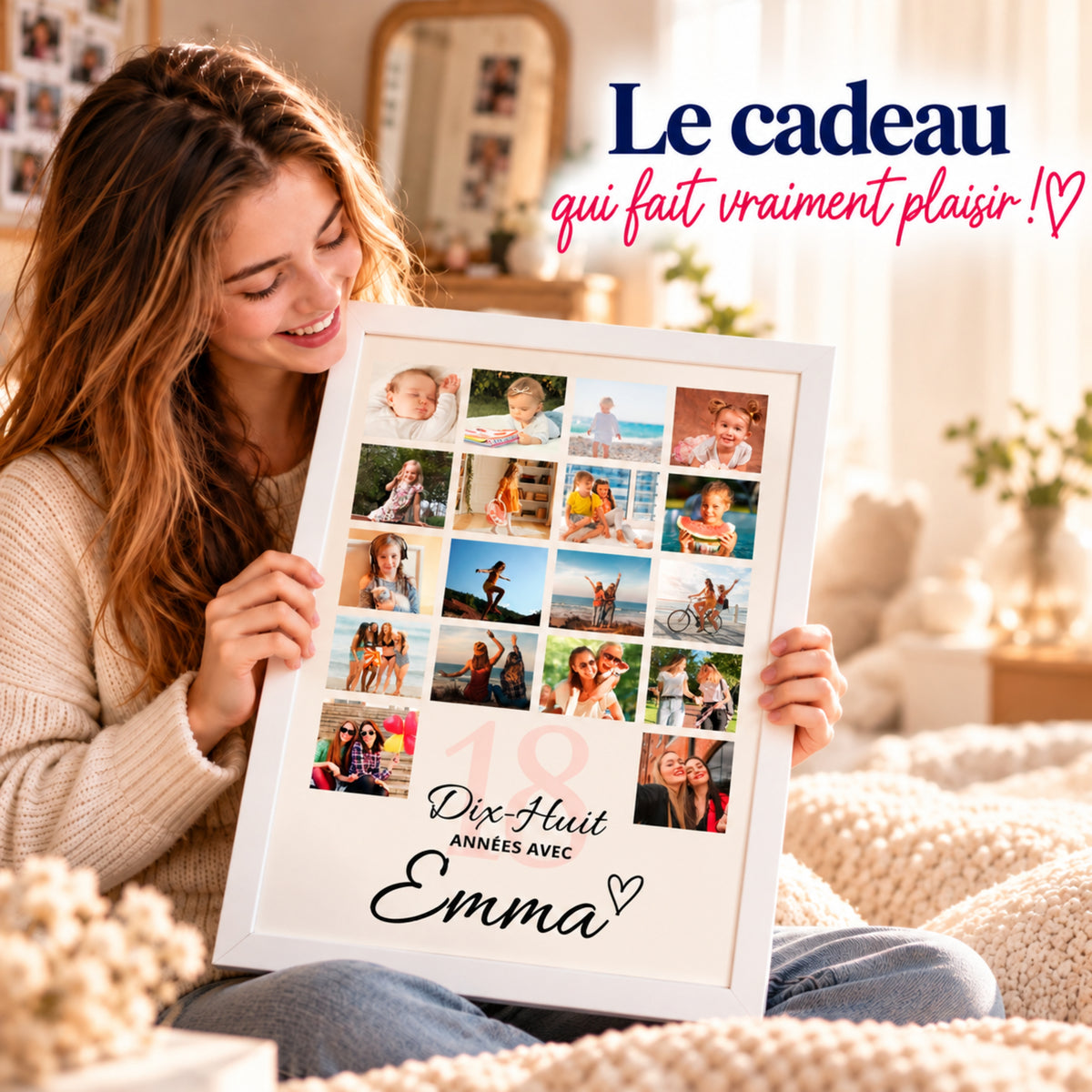 Jeune femme souriante découvrant une affiche photo personnalisée pour ses 18 ans, présentée dans un cadre blanc.