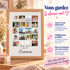 Affiche photo personnalisée encadrée en bois avec présentation de la validation de maquette, des modifications possibles et de l'accord avant impression.