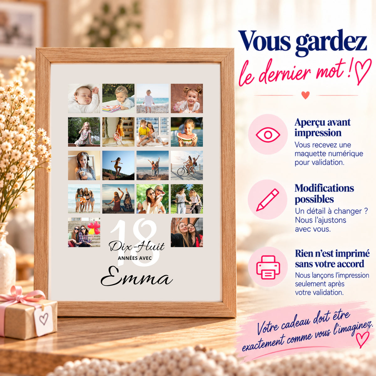Affiche photo personnalisée encadrée en bois avec présentation de la validation de maquette, des modifications possibles et de l'accord avant impression.