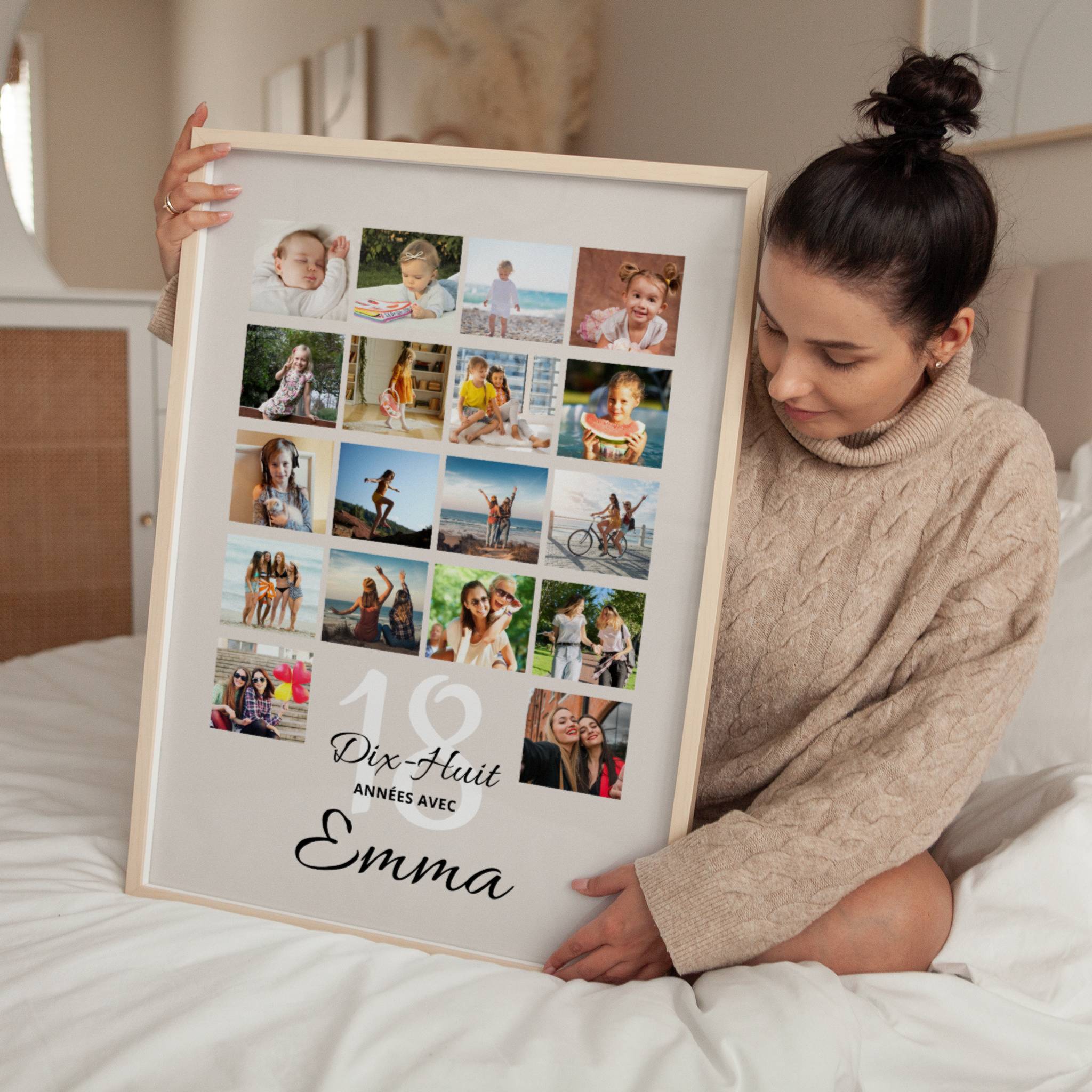 Affiche anniversaire 18 ans personnalisée avec 18 photos disposées en forme d’année, création unique avec prénom et souvenirs
