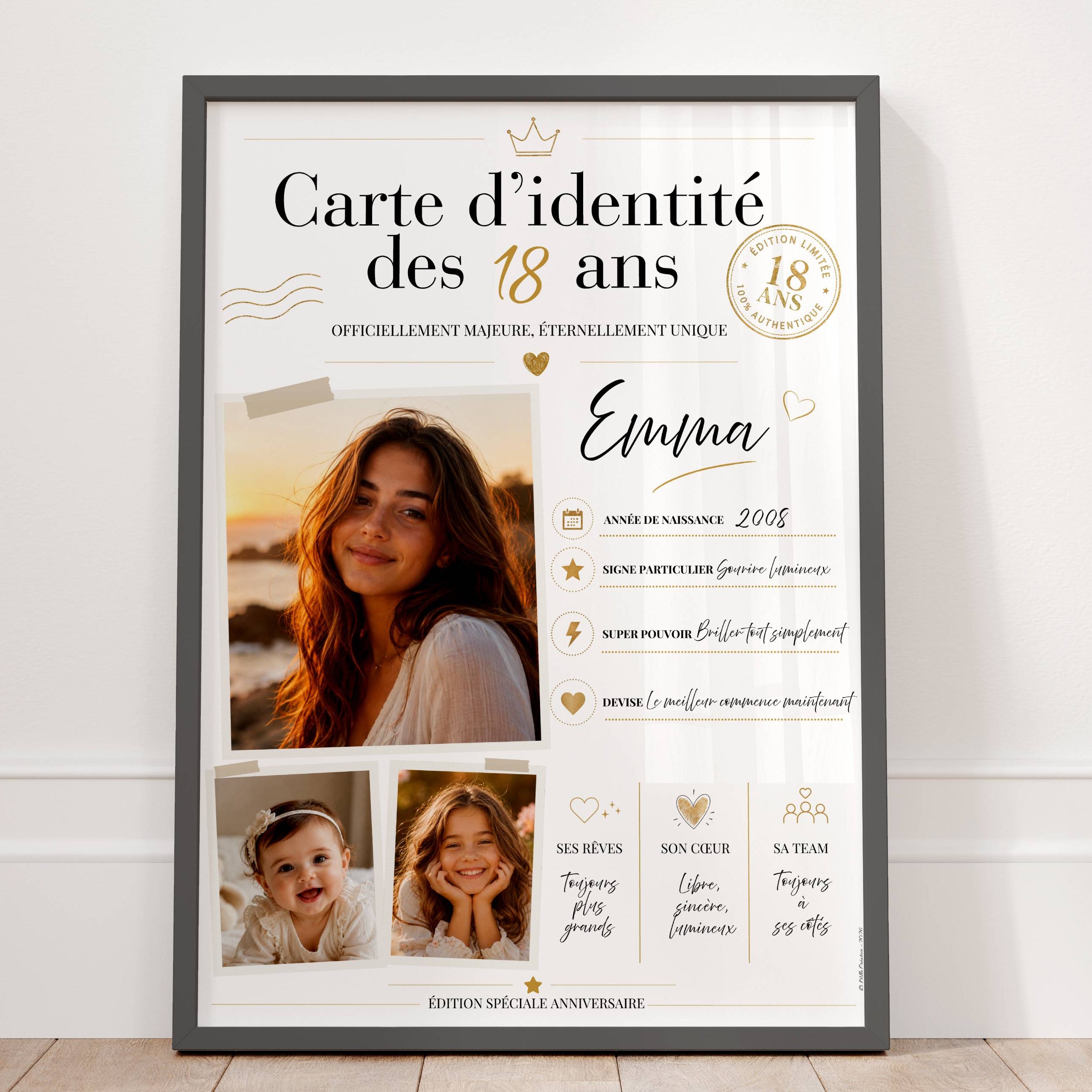 Cadeau 18 ans personnalisé avec affiche encadrée, photos et textes uniques pour marquer l’anniversaire