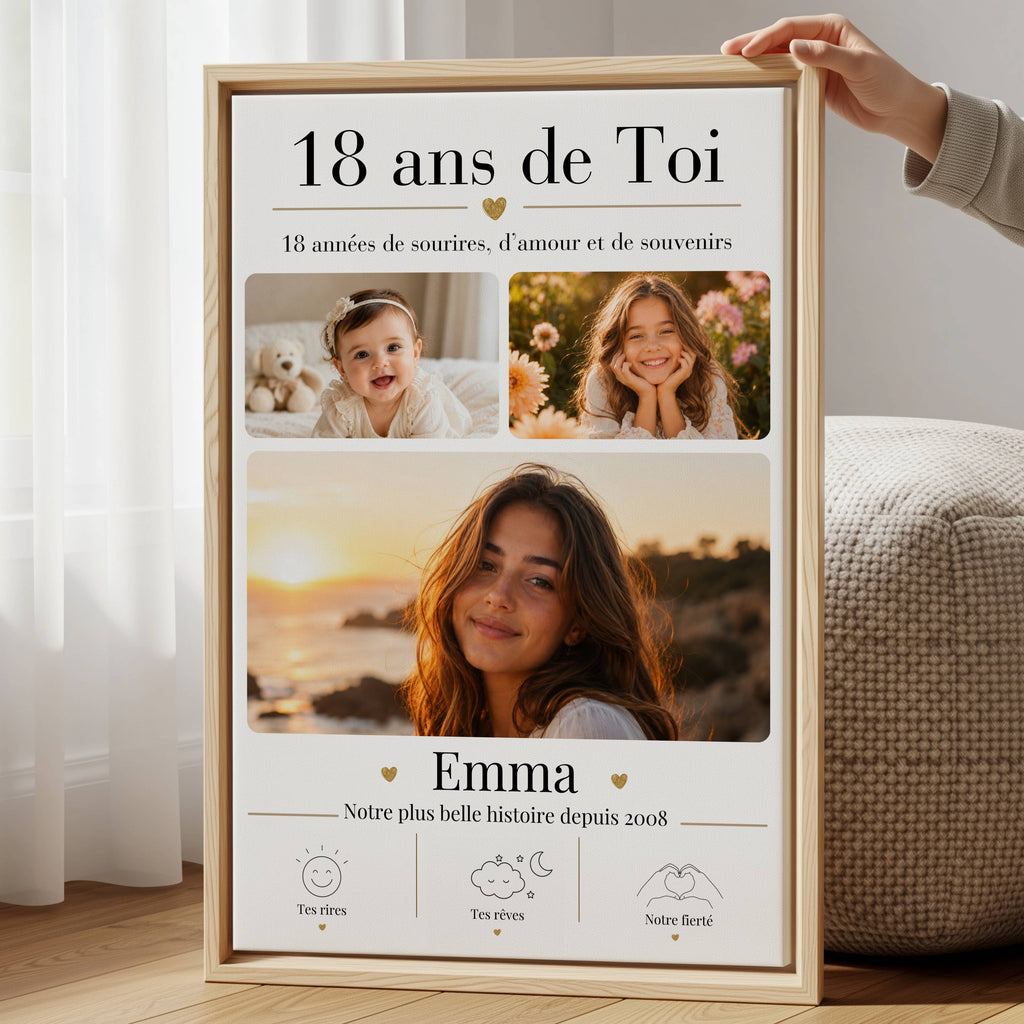 Affiche 18 ans personnalisée avec photos de bébé et d’enfance, souvenir tendre à offrir pour la majorité.
