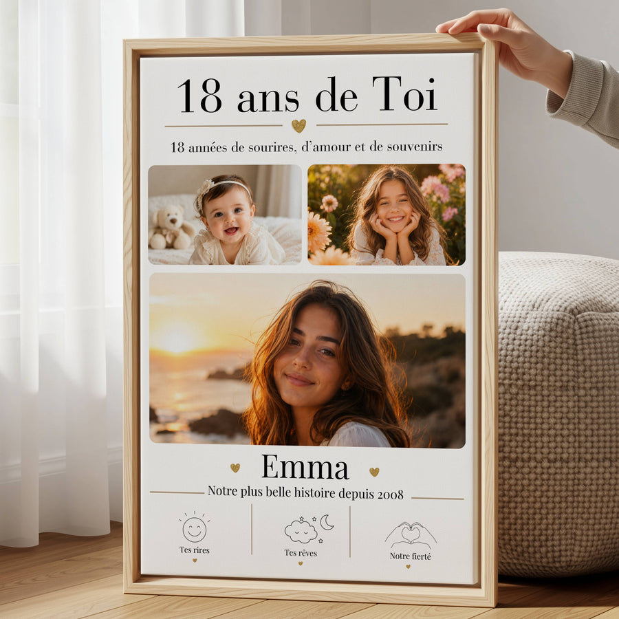 Affiche 18 ans personnalisée avec photos de bébé et d’enfance, souvenir tendre à offrir pour la majorité.