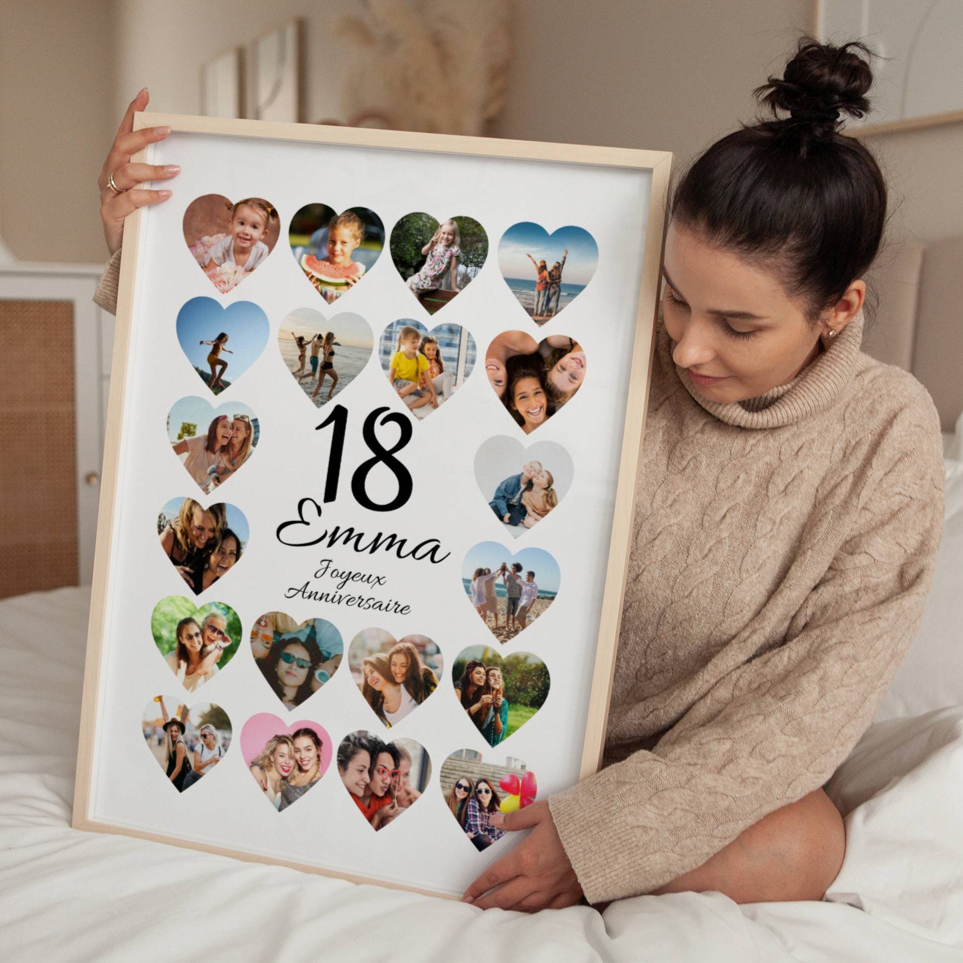 Affiche anniversaire 18 ans fille avec collage photos en forme de cœur personnalisé