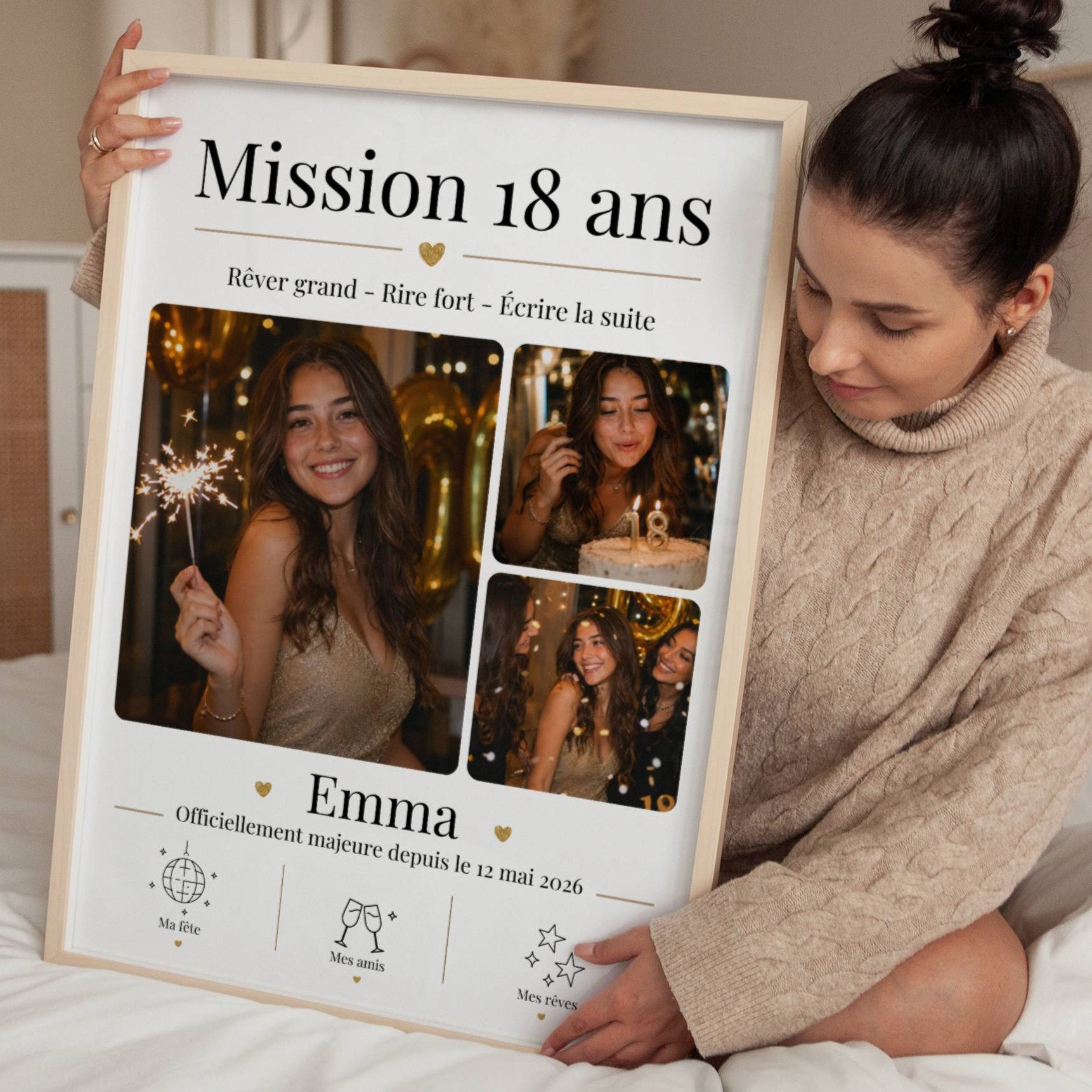 Affiche 18 ans avec trois photos personnalisées, souvenirs de fête et amis pour un cadeau anniversaire unique.