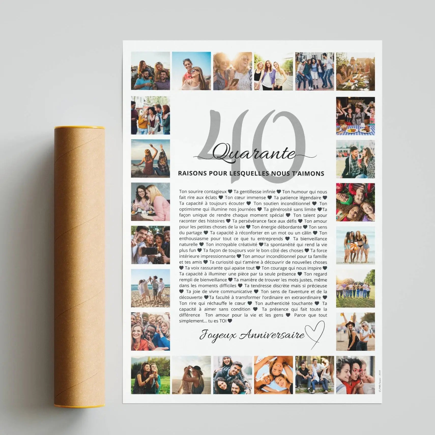 Détail d’une affiche 40 raisons personnalisée avec 24 photos pour un cadeau femme 40 ans.