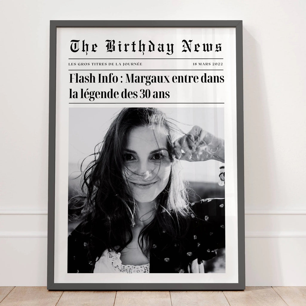 Affiche anniversaire 30 ans personnalisée style journal avec photo et prénom