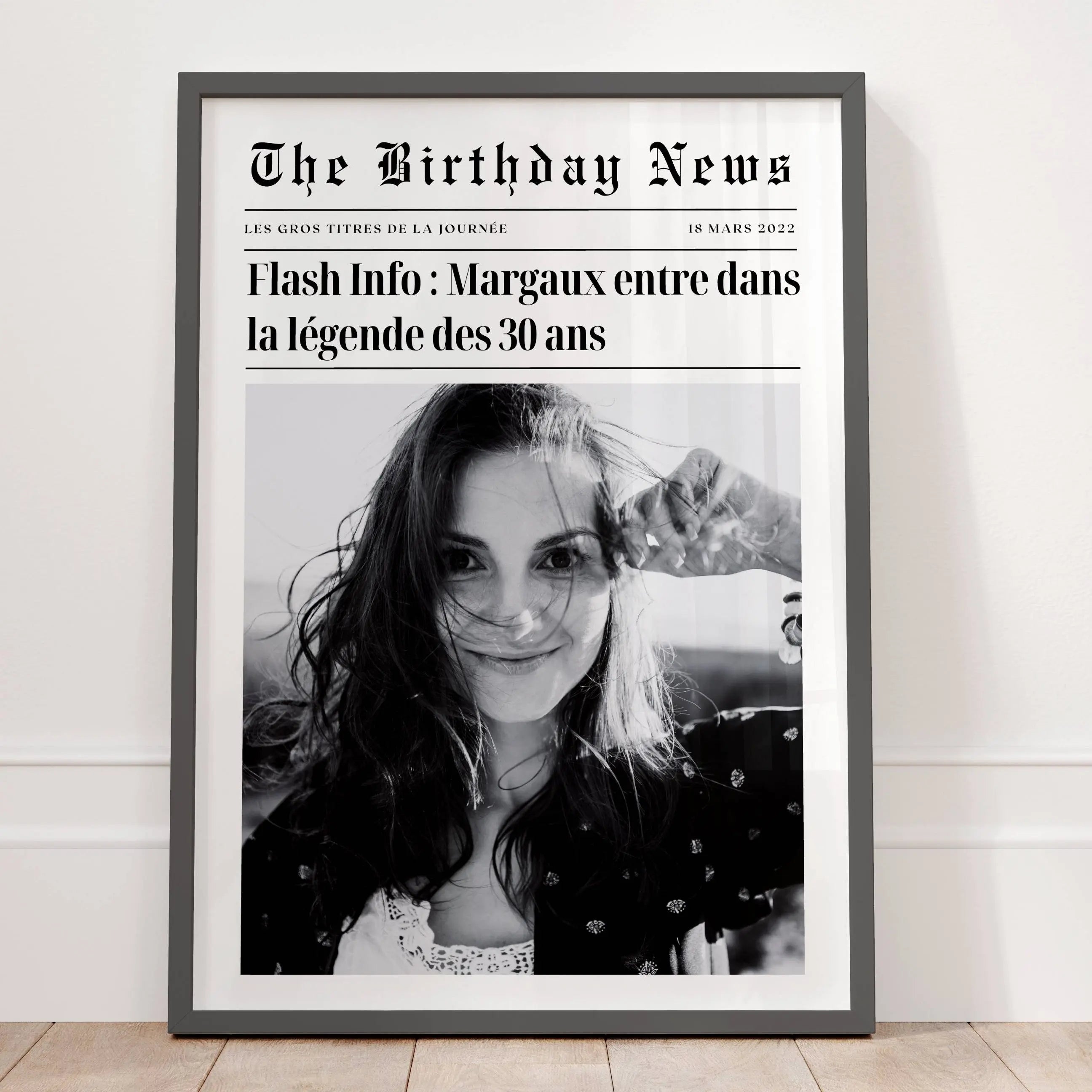 Affiche anniversaire 30 ans personnalisée style journal avec photo et prénom