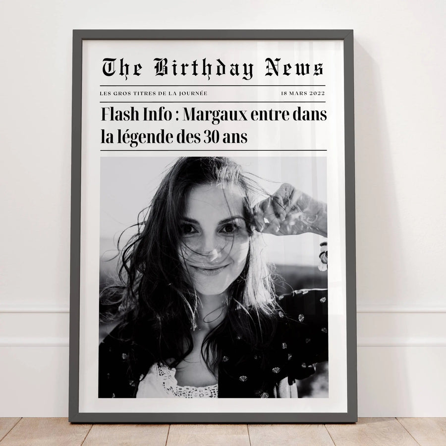 Affiche anniversaire 30 ans personnalisée style journal avec photo et prénom