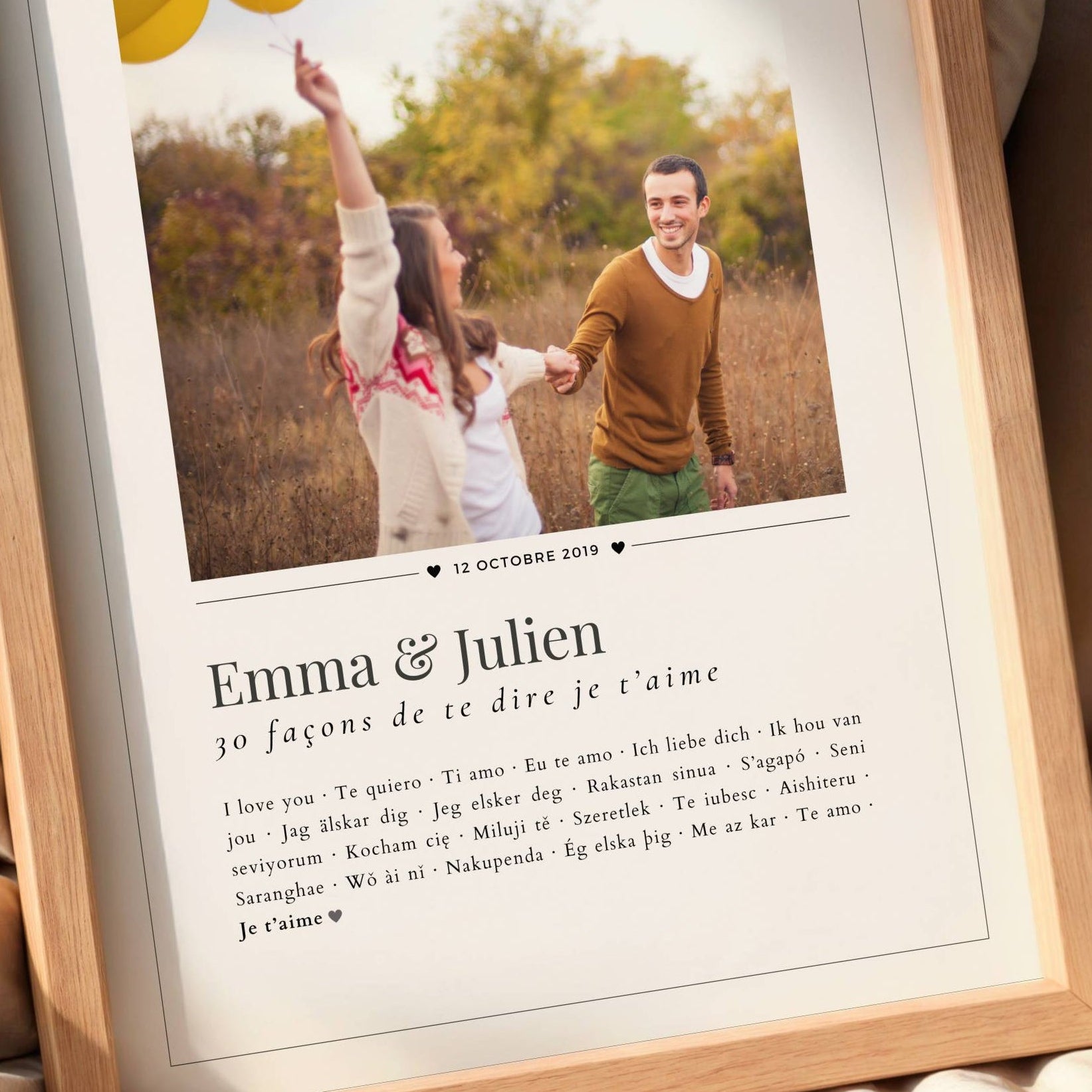 Personnalisation affiche couple avec photo, prénoms et date
