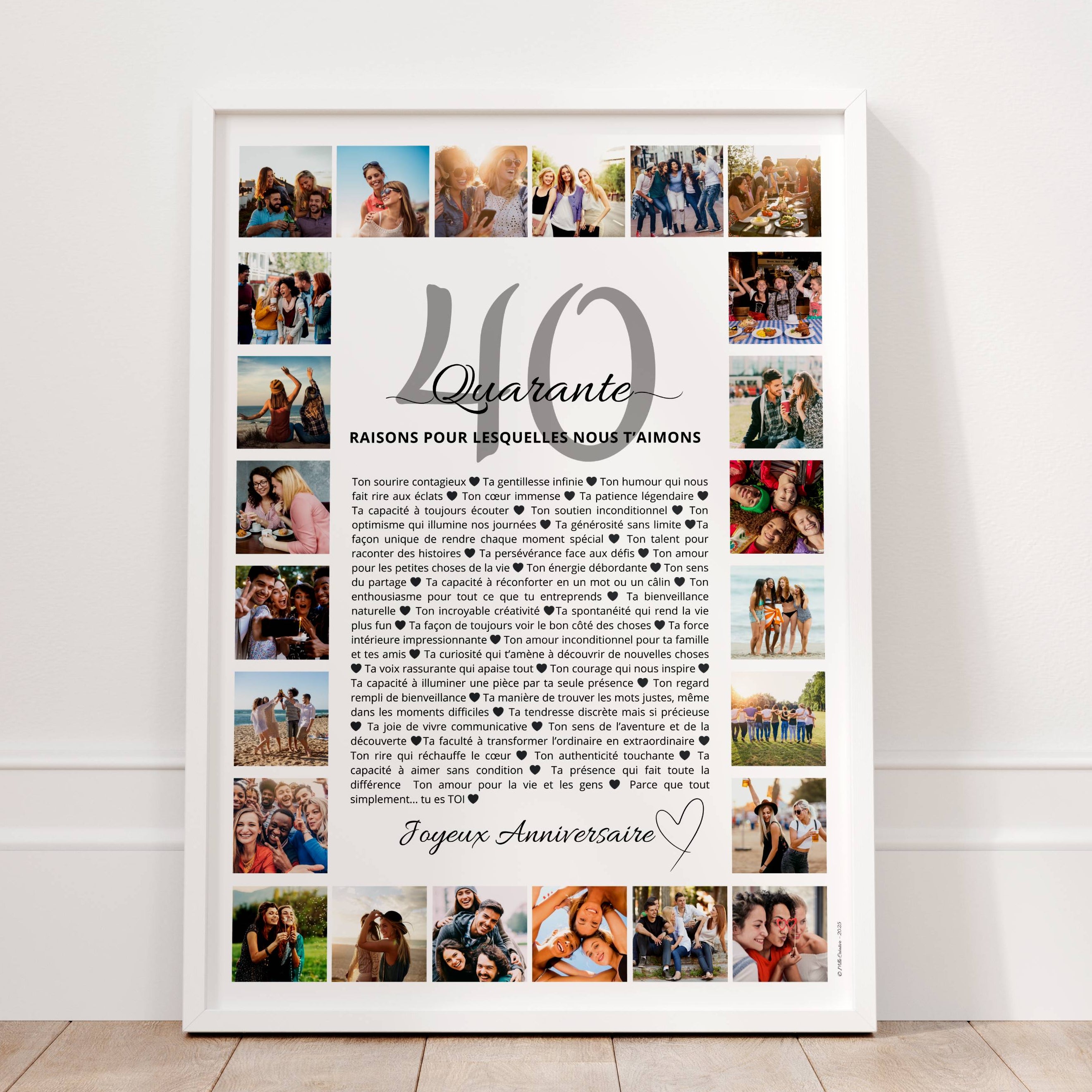 Idée cadeau groupé 40 ans femme affiche personnalisée avec 24 photos et message anniversaire