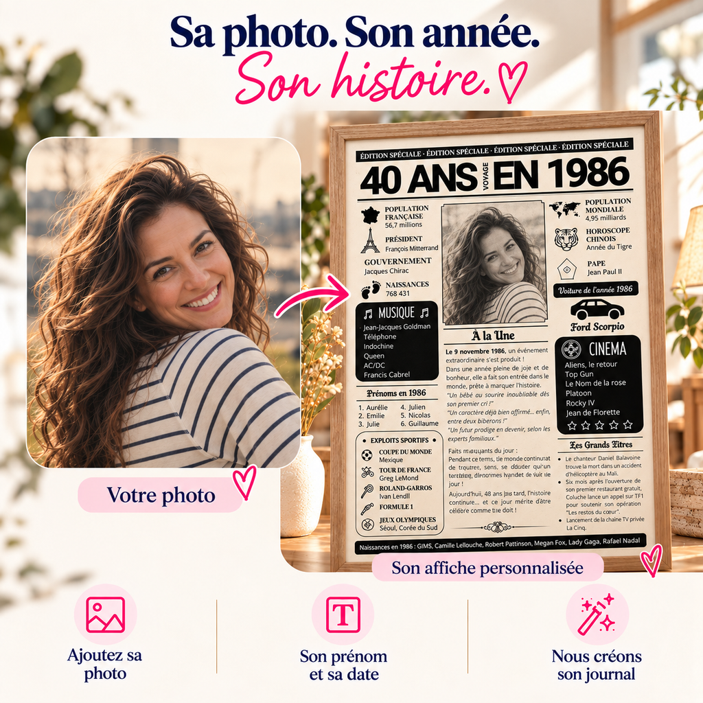 Affiche 40 ans personnalisée avec photo, prénom et année de naissance