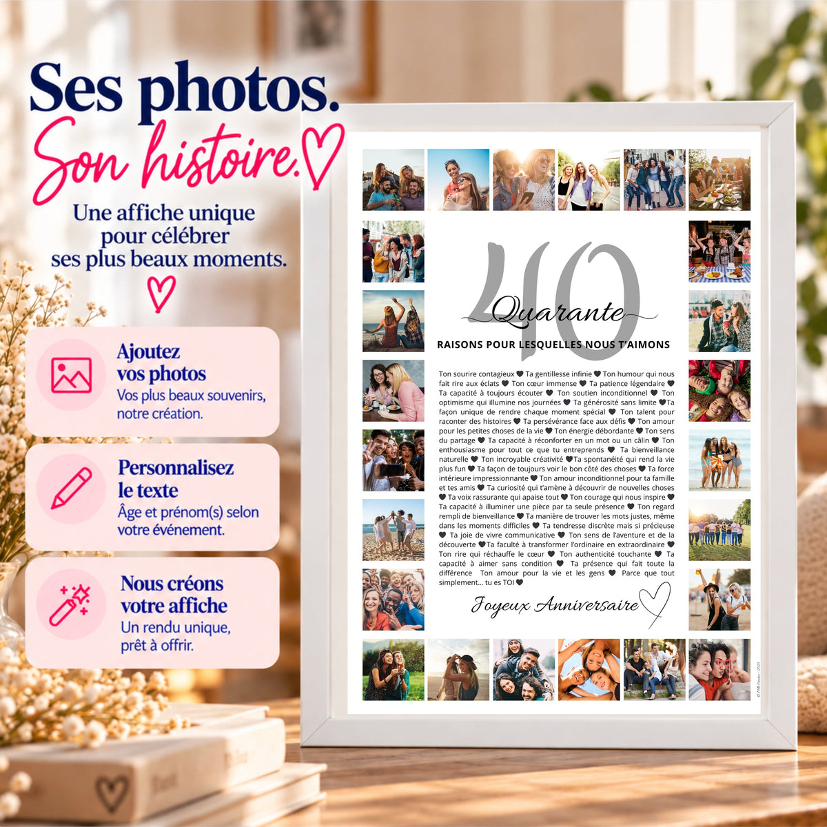Affiche anniversaire 40 ans à personnaliser avec ses photos, ses souvenirs et des raisons de l’aimer, présentée dans un cadre blanc.