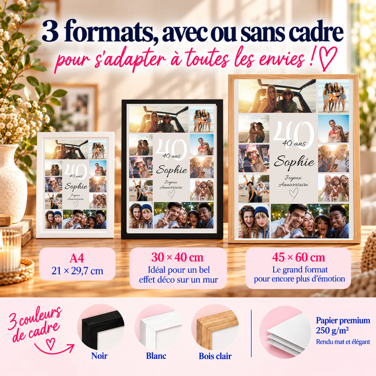 Affiche photo disponible en A4, 30 × 40 et 45 × 60 cm, avec ou sans cadre noir, blanc ou bois clair, sur papier mat 250 g/m².