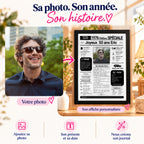 Exemple de personnalisation d’une affiche journal 50 ans : la photo d’Éric intégrée à un journal de son année de naissance, 1976.
