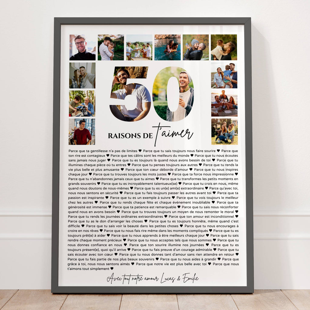 Affiche personnalisée 50 raisons de t’aimer avec photos souvenirs et signatures personnalisées pour anniversaire 50 ans