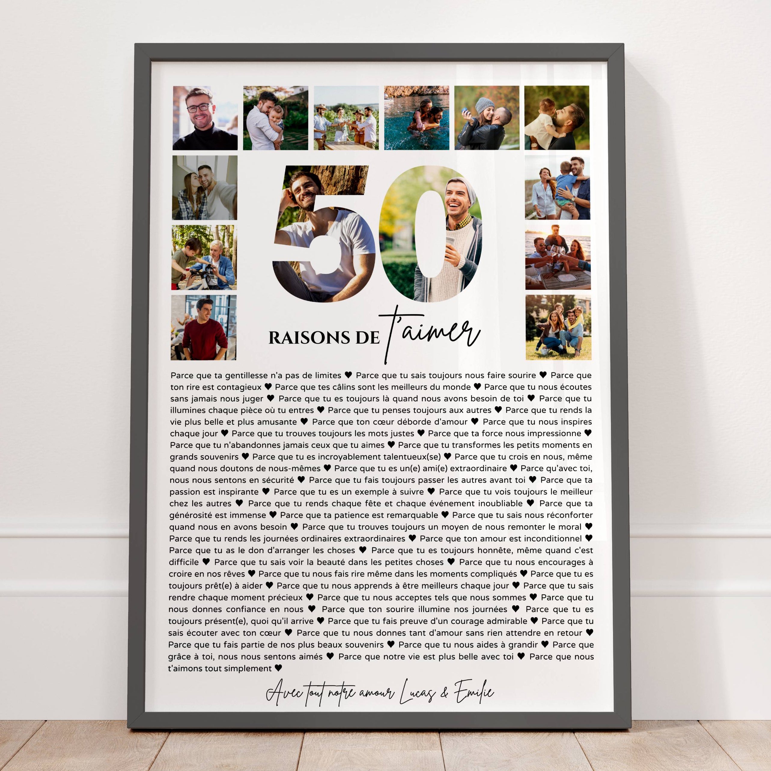 Affiche personnalisée 50 raisons de t’aimer avec photos souvenirs et signatures personnalisées pour anniversaire 50 ans