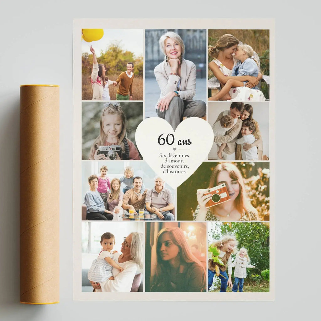 Idée cadeau 60 ans maman affiche photo personnalisée souvenir famille et générations